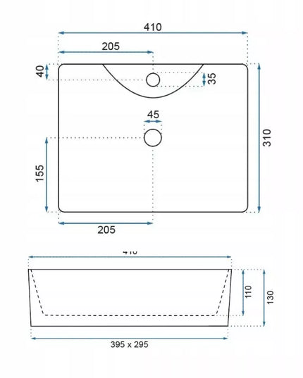 Stačiakampis baltas mažas siauras praustuvas ant stalviršio REA KELLY MINI WHITE 41 cm