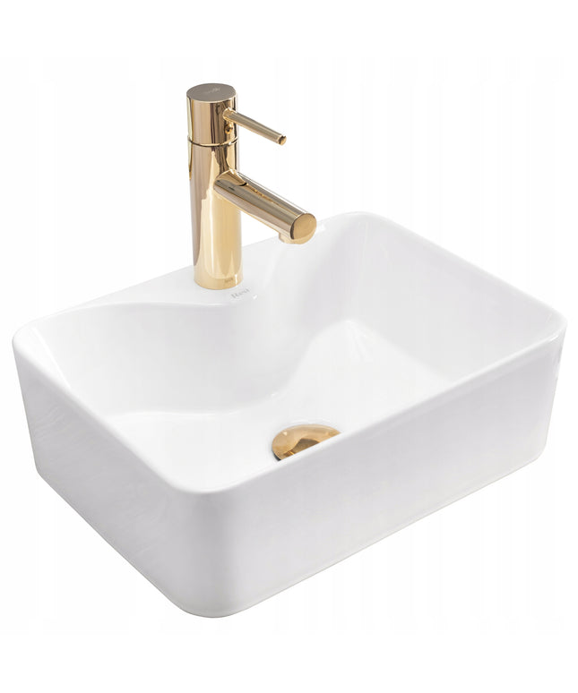 Stačiakampis baltas mažas siauras praustuvas ant stalviršio REA KELLY MINI WHITE 41 cm