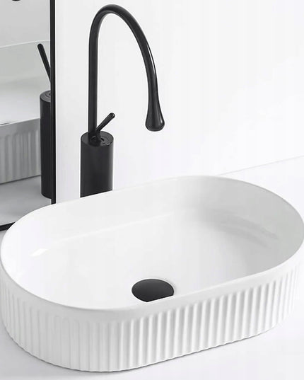 Stalviršinis praustuvas REA VANDA, ovalus, baltas, briaunotas, keraminis