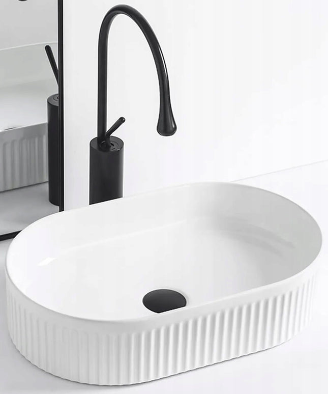 Stalviršinis praustuvas REA VANDA, ovalus, baltas, briaunotas, keraminis