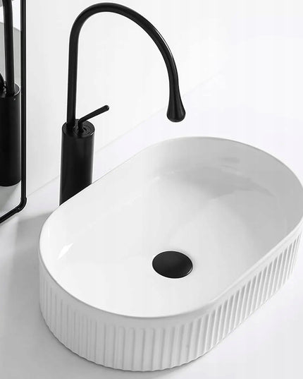 Stalviršinis praustuvas REA VANDA, ovalus, baltas, briaunotas, keraminis