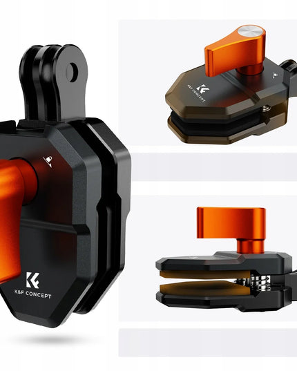 K+F KF31.169 spaustukas – laikiklis motociklo ar motorolerio stiklui ir aptakui, skirtas GoPro ir 1/4″ kameroms