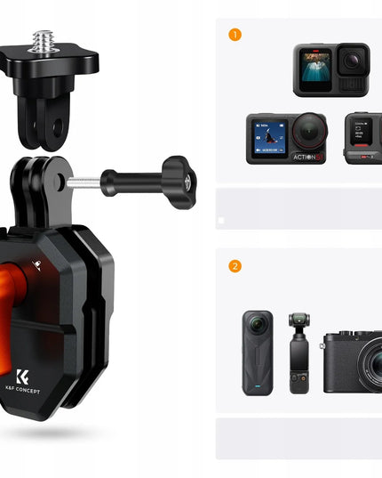 K+F KF31.169 spaustukas – laikiklis motociklo ar motorolerio stiklui ir aptakui, skirtas GoPro ir 1/4″ kameroms