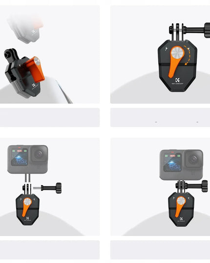K+F KF31.169 spaustukas – laikiklis motociklo ar motorolerio stiklui ir aptakui, skirtas GoPro ir 1/4″ kameroms