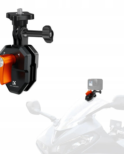 K+F KF31.169 spaustukas – laikiklis motociklo ar motorolerio stiklui ir aptakui, skirtas GoPro ir 1/4″ kameroms