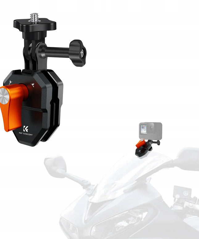 K+F KF31.169 spaustukas – laikiklis motociklo ar motorolerio stiklui ir aptakui, skirtas GoPro ir 1/4″ kameroms