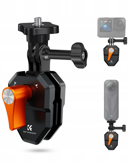 K+F KF31.169 spaustukas – laikiklis motociklo ar motorolerio stiklui ir aptakui, skirtas GoPro ir 1/4″ kameroms