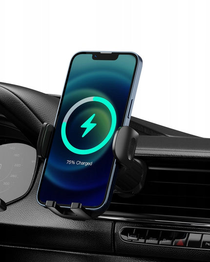 Automobilinis telefono laikiklis su 15W belaidžiu įkrovikliu ant ventiliacijos grotelių