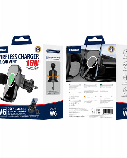 Automobilinis telefono laikiklis su 15W belaidžiu įkrovikliu ant ventiliacijos grotelių