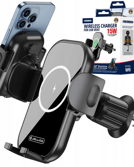 Automobilinis telefono laikiklis su 15W belaidžiu įkrovikliu ant ventiliacijos grotelių