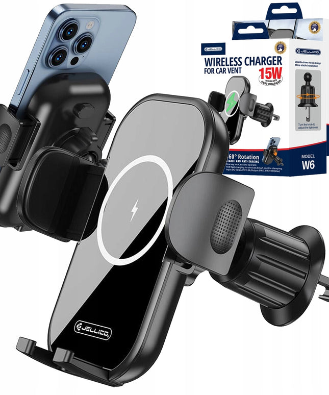 Automobilinis telefono laikiklis su 15W belaidžiu įkrovikliu ant ventiliacijos grotelių