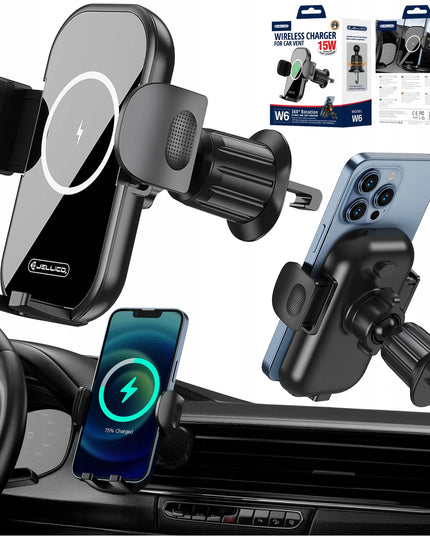 Automobilinis telefono laikiklis su 15W belaidžiu įkrovikliu ant ventiliacijos grotelių