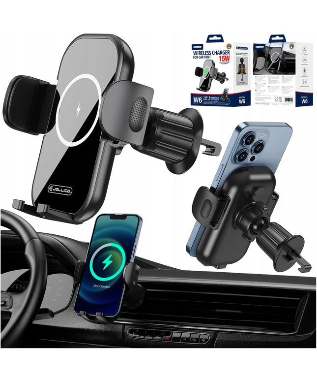 Automobilinis telefono laikiklis su 15W belaidžiu įkrovikliu ant ventiliacijos grotelių