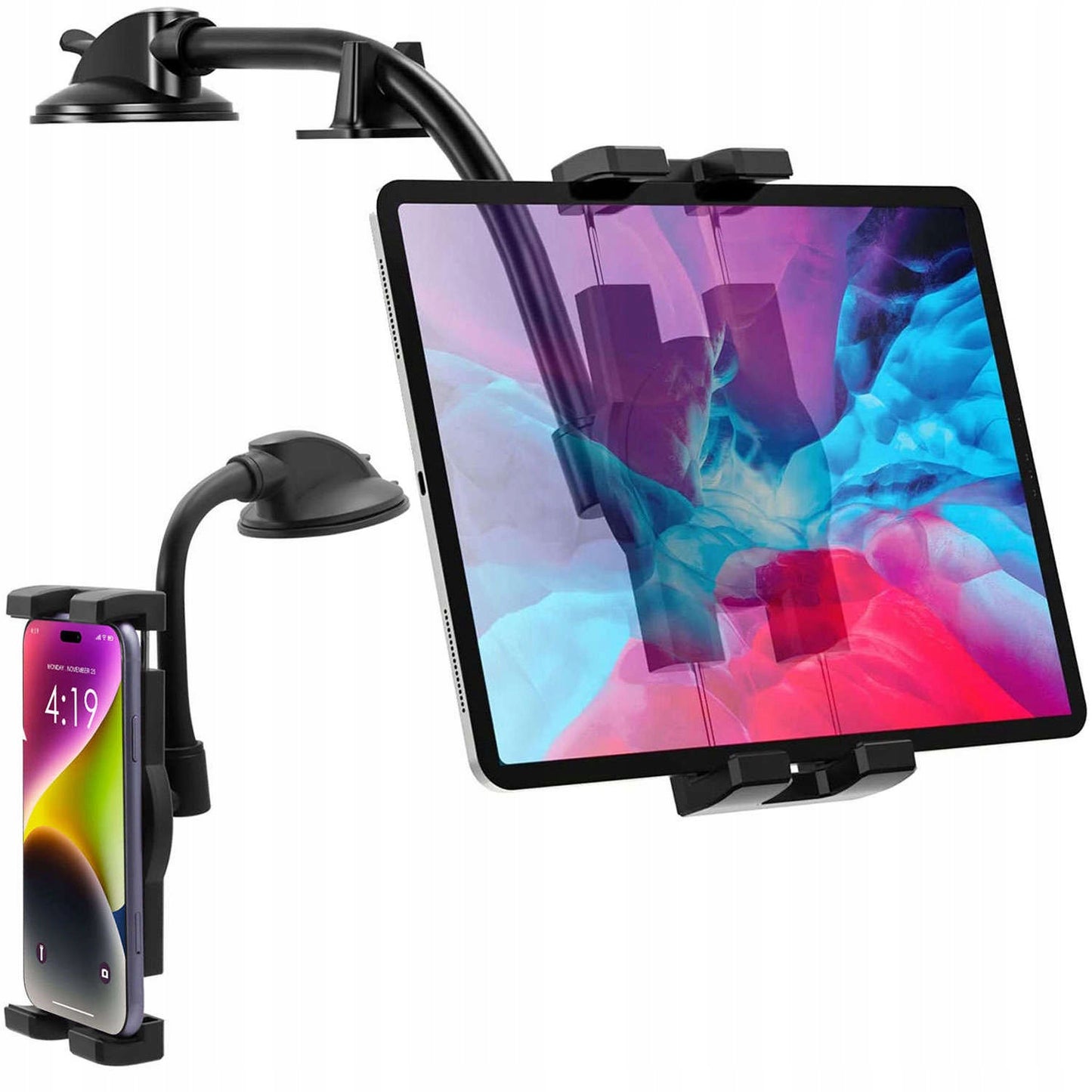 Tvirtas automobilinis laikiklis telefonui ir planšetiniam kompiuteriui, montuojamas ant prietaisų skydelio arba priekinio stiklo