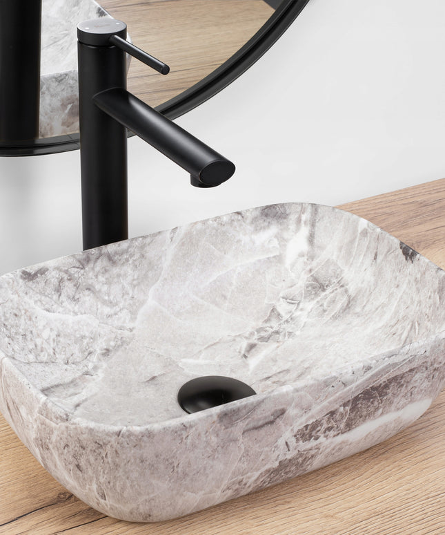 Mažas pilkas stalviršio praustuvas su akmens raštu, skirtas WC REA BELINDA MINI STONE