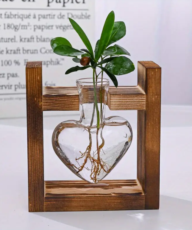 Stiklinė širdies formos vaza gėlėms, daigams, su stovu