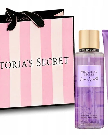 Victoria's Secret Love Spell – rinkinys: kūno dulksna, losjonas ir krepšelis – dovana