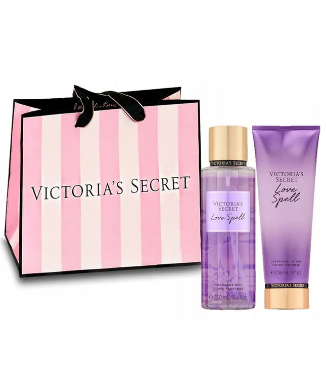 Victoria's Secret Love Spell – rinkinys: kūno dulksna, losjonas ir krepšelis – dovana