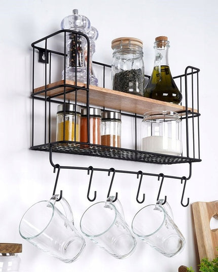 Virtuvės, vonios pakabinama lentyna, dviejų aukštų su kabliukais