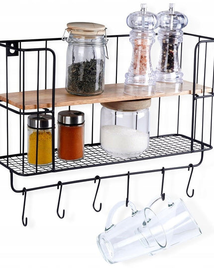 Virtuvės, vonios pakabinama lentyna, dviejų aukštų su kabliukais