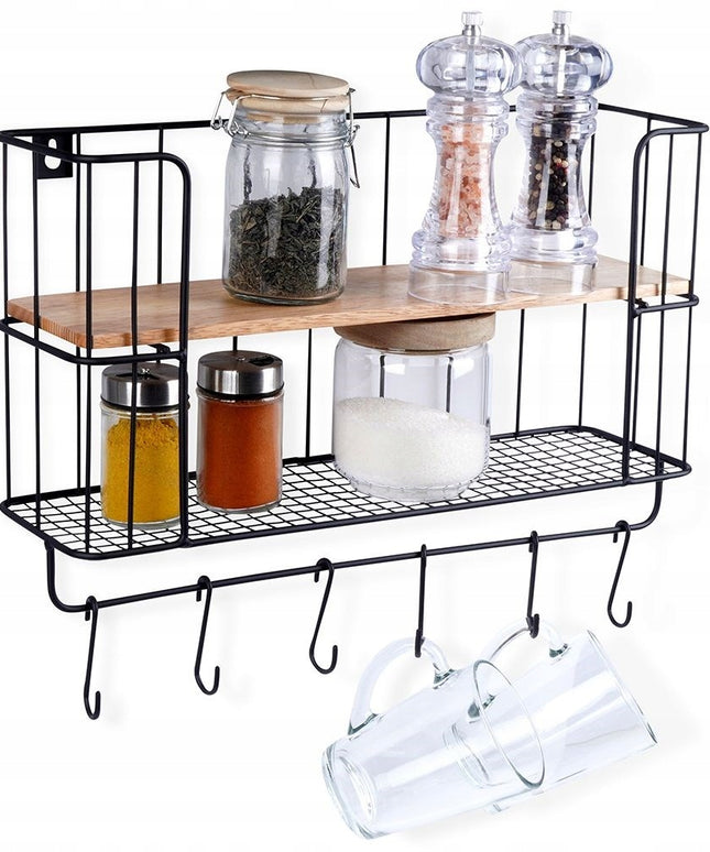 Virtuvės, vonios pakabinama lentyna, dviejų aukštų su kabliukais