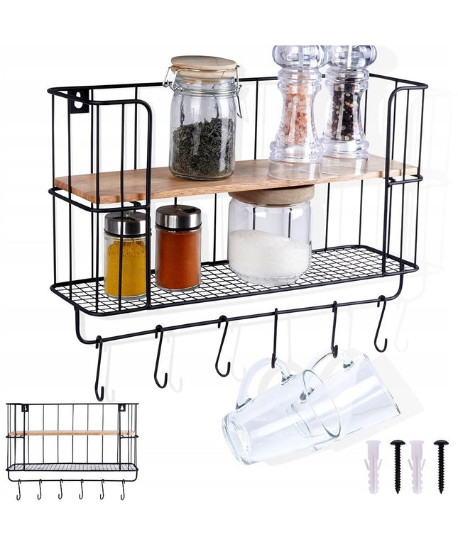 Virtuvės, vonios pakabinama lentyna, dviejų aukštų su kabliukais