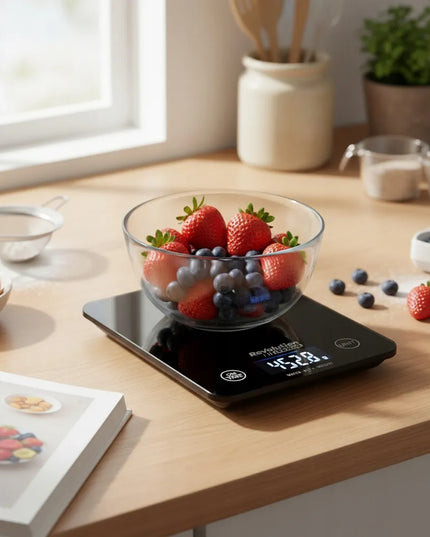 Tikslios elektroninės virtuvinės svarstyklės Revolution POWER 1 g - 5 kg, juodos stiklinės