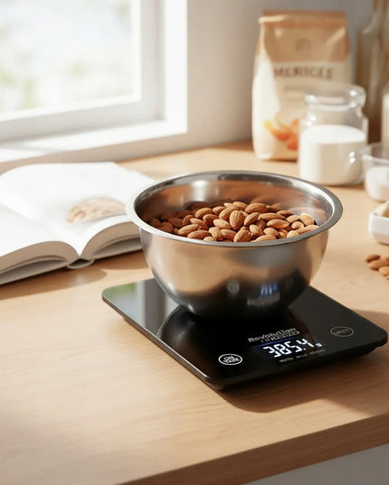 Tikslios elektroninės virtuvinės svarstyklės Revolution POWER 1 g - 5 kg, juodos stiklinės