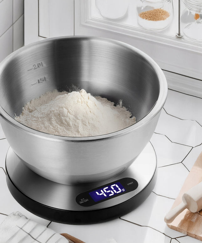 Elektroninės virtuvinės svarstyklės, tikslios, su dubeniu, sidabrinės, LCD, 1g / 5kg rinkinys