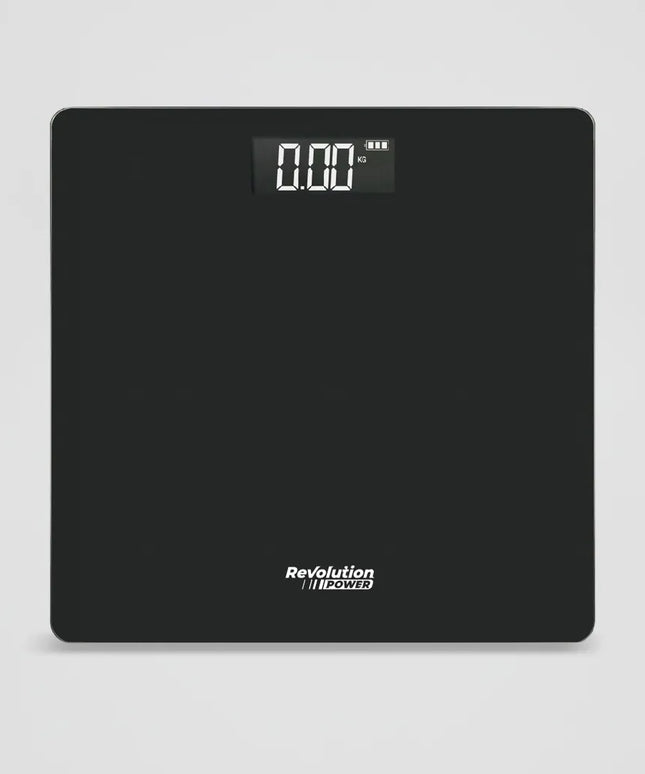Tikslios elektroninės vonios svarstyklės Revolution POWER 180 kg, stiklinės, juodos, plonos, su LCD ekranu