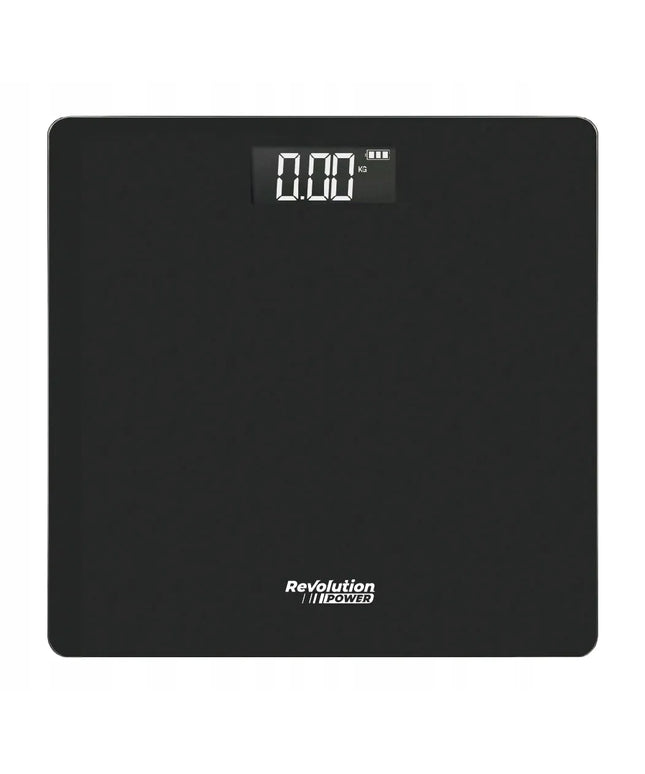 Tikslios elektroninės vonios svarstyklės Revolution POWER 180 kg, stiklinės, juodos, plonos, su LCD ekranu