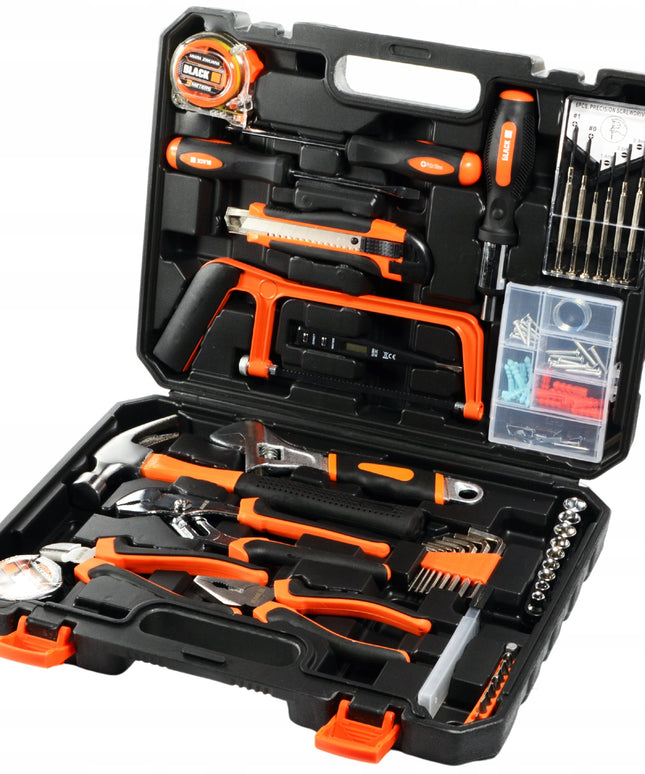 Įrankių dėklas 100 vnt. Raktai, Antgaliai, Atsuktuvai, Plaktukas, Replės CRV BLACK