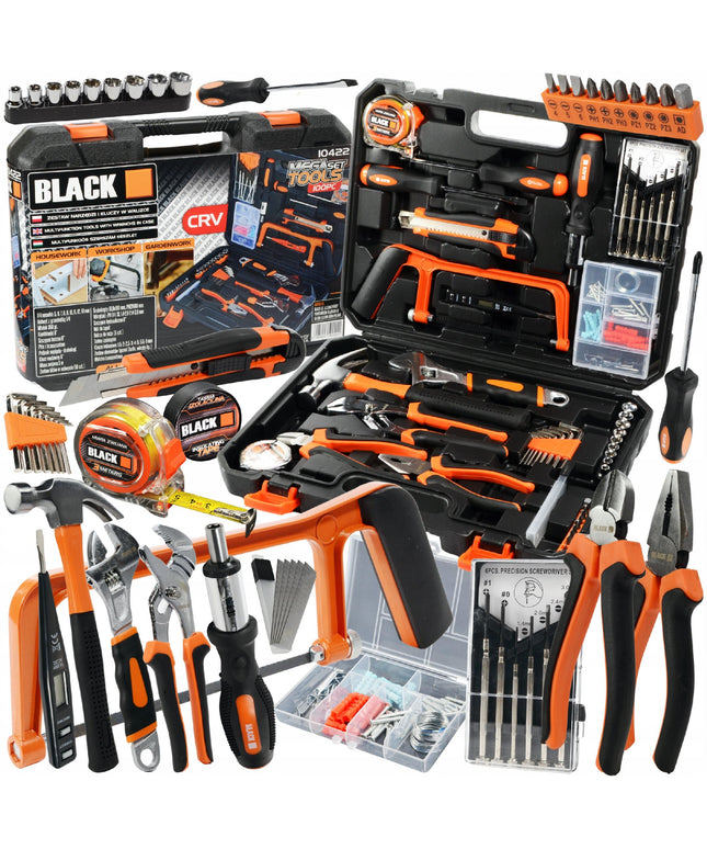 Įrankių dėklas 100 vnt. Raktai, Antgaliai, Atsuktuvai, Plaktukas, Replės CRV BLACK