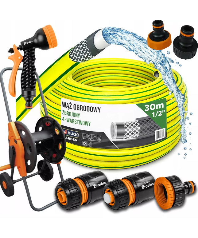 Guminė sodo žarna 1/2 col. 30 m 4 sluoksnių + purkštuvas, vežimėlis, rinkinys Bradas
