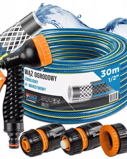 GUMINĖ SODO ŽARNA 1/2" 30m 4 SLUOKSNIŲ + PURKŠTUVAS IR JUNGTYS BRADAS RINKINYS