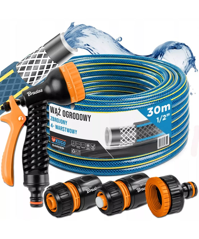 GUMINĖ SODO ŽARNA 1/2" 30m 4 SLUOKSNIŲ + PURKŠTUVAS IR JUNGTYS BRADAS RINKINYS