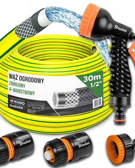 GUMINĖ SODO ŽARNA 1/2" 30 m 4 SLUOKSNIŲ + Purkštuvas ir jungtys BRADAS rinkinys