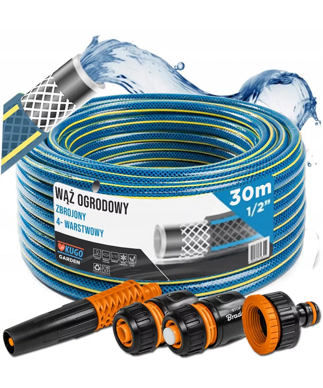 Guminė sodo žarna 1/2" 30m, 4 sluoksnių + purkštuvas ir jungtys, BRADAS rinkinys