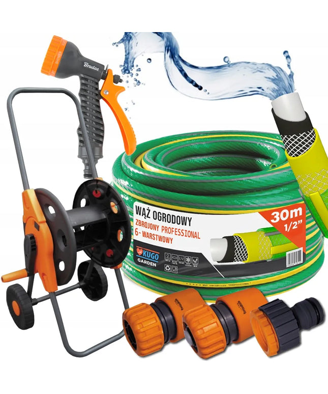 Guminė sodo žarna 1/2" 30m, 6 sluoksnių, su pistoletu ir vežimėliu, Bradas 36 barų rinkinys