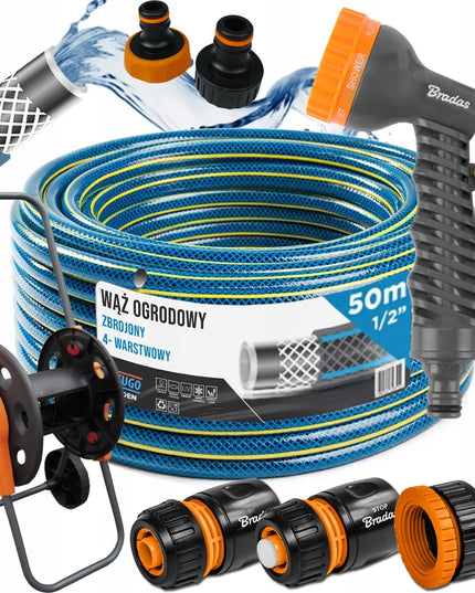 GUMINĖ SODO ŽARNA 1/2" 50m, 4 SLUOKSNIŲ SU PURKŠTUVU IR VEŽIMĖLIU BRADAS RINKINYS