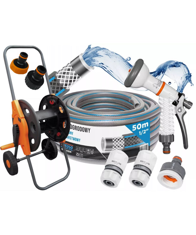 Sodo žarnos rinkinys su vežimėliu ir purkštuvu 1/2" 50m Bradas