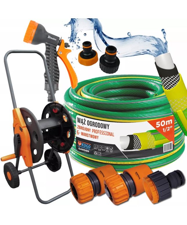 SODO ŽARNA GUMINĖ 1/2" 50m 6 SLUOKSNIŲ PISTOLETAS VEŽIMĖLIS RINKINYS BRADAS 36 BAR