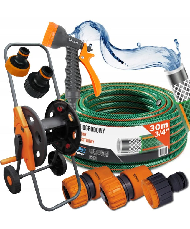 Guminė sodo žarna 3/4" 30m 4 sluoksnių + purkštuvas, vežimėlis, BRADAS rinkinys