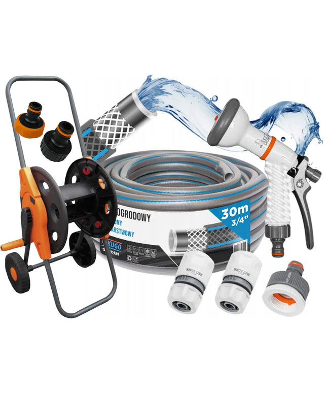 GUMINĖ SODO ŽARNA 3/4" 30 m, 4 SLUOKSNIŲ, SU VEŽIMĖLIU, PURKŠTUVU IR JUNGTĮMIS, RINKINYS BRADAS