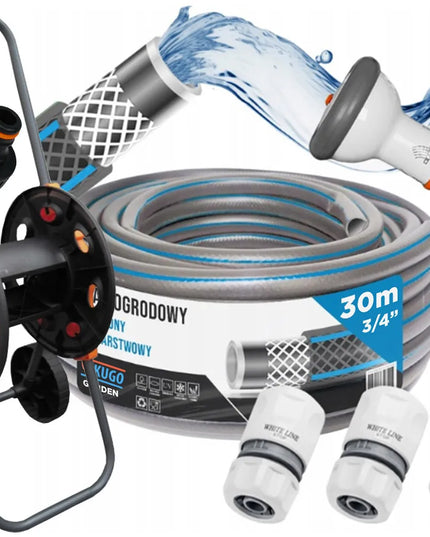 GUMINĖ SODO ŽARNA 3/4" 30 m, 4 SLUOKSNIŲ, SU VEŽIMĖLIU, PURKŠTUVU IR JUNGTĮMIS, RINKINYS BRADAS