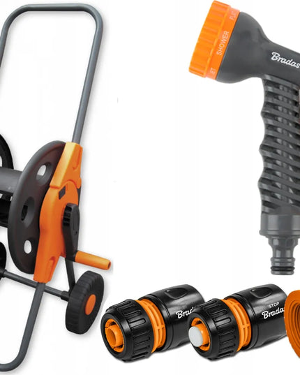 GUMINĖ SODO ŽARNA 3/4" 30m 4 SLUOKSNIŲ PREMIUM PISTOLETAS VEŽIMĖLIS RINKINYS BRADAS