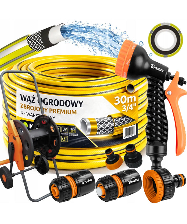 GUMINĖ SODO ŽARNA 3/4" 30m 4 SLUOKSNIŲ PREMIUM PISTOLETAS VEŽIMĖLIS RINKINYS BRADAS