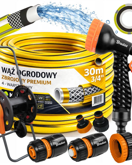 GUMINĖ SODO ŽARNA 3/4" 30m 4 SLUOKSNIŲ PREMIUM PISTOLETAS VEŽIMĖLIS RINKINYS BRADAS