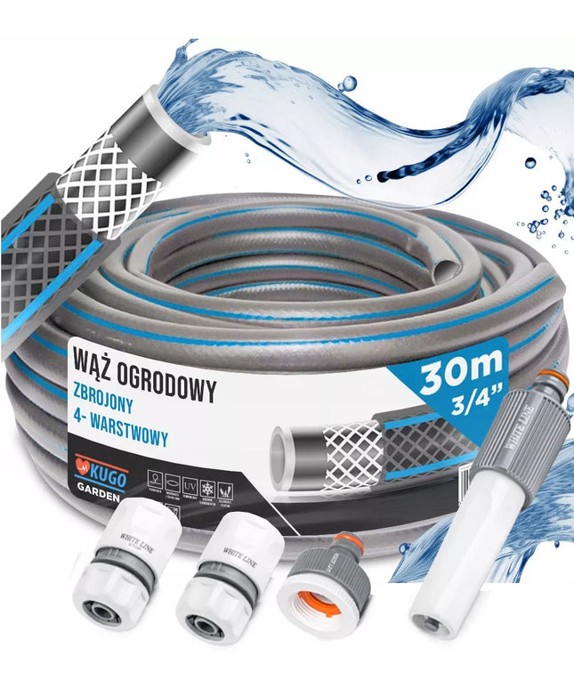 GUMINĖ SODO ŽARNA 3/4" 30m 4 SLUOKSNIŲ + Purkštuvas ir jungtys BRADAS rinkinys