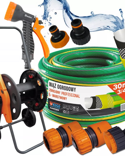 Sodo žarnos rinkinys KUGOgarden 3/4" 30m, 6 sluoksnių, su pistoletu ir vežimėliu Bradas